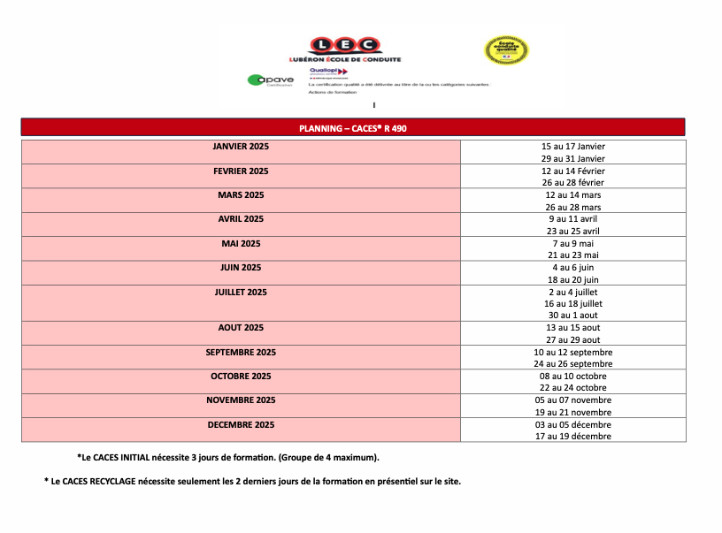 Planning CACES R 490 – 2025